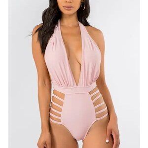 Mauve Empire V-Neck Halter Side String Swimsuit